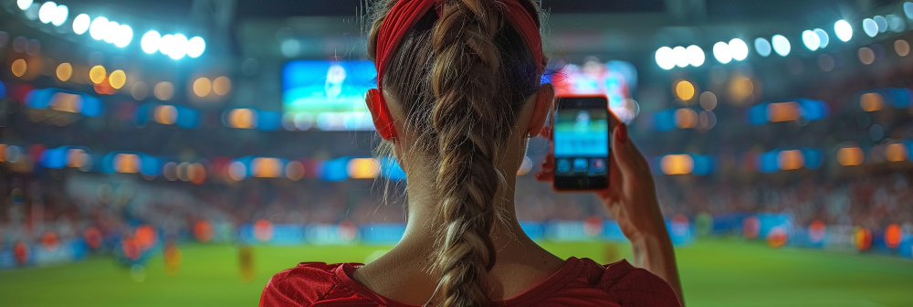 Football female fan holding a phone at a live game